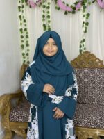 Exclusive Kids Teal Blue Floral Premium Printed Dubai Cherry Abaya– Customizable 3 Piece Full Set - Image 2