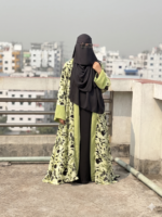 Elegant Olive Green  Floral Printed Dubai Cherry Abaya – Customizable 4 Piece Full Set - Image 4