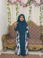 Exclusive Kids Teal Blue Floral Premium Printed Dubai Cherry Abaya– Customizable 3 Piece Full Set - Image 3