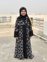 Exclusive Kids Black Floral Printed Dubai Cherry Abaya– Customizable 3 Piece Full Set
