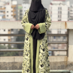 Elegant Olive Green  Floral Printed Dubai Cherry Abaya – Customizable 4 Piece Full Set