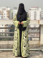 Elegant Olive Green  Floral Printed Dubai Cherry Abaya – Customizable 4 Piece Full Set