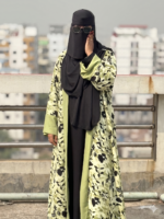 Elegant Olive Green  Floral Printed Dubai Cherry Abaya – Customizable 4 Piece Full Set - Image 2