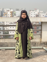 Kids Olive Green Floral Premium Printed Dubai Cherry Abaya– Customizable 3 Piece Full Set - Image 3