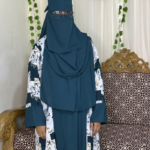 Elegant Teal Blue Floral Printed Dubai Cherry Abaya – Customizable 4 Piece Full Set