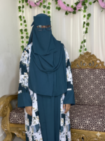 Elegant Teal Blue Floral Printed Dubai Cherry Abaya – Customizable 4 Piece Full Set