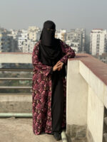 Elegant Maroon Floral Printed Dubai Cherry Abaya - Customizable 4 Piece Full Set - Image 3