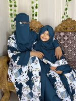 Elegant Teal Blue Floral Printed Dubai Cherry Abaya – Customizable 4 Piece Full Set - Image 4