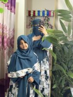 Elegant Teal Blue Floral Printed Dubai Cherry Abaya – Customizable 4 Piece Full Set - Image 3