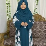 Exclusive Kids Teal Blue Floral Premium Printed Dubai Cherry Abaya– Customizable 3 Piece Full Set