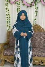 Exclusive Kids Teal Blue Floral Premium Printed Dubai Cherry Abaya– Customizable 3 Piece Full Set